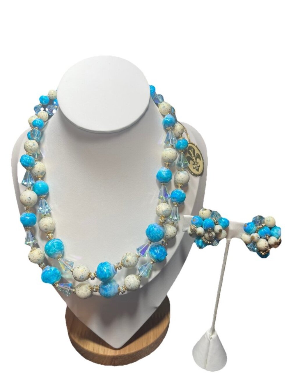 Vintage Vendome two-strand Necklace & Earring Set w Crystal, Bue, Speckle Beads